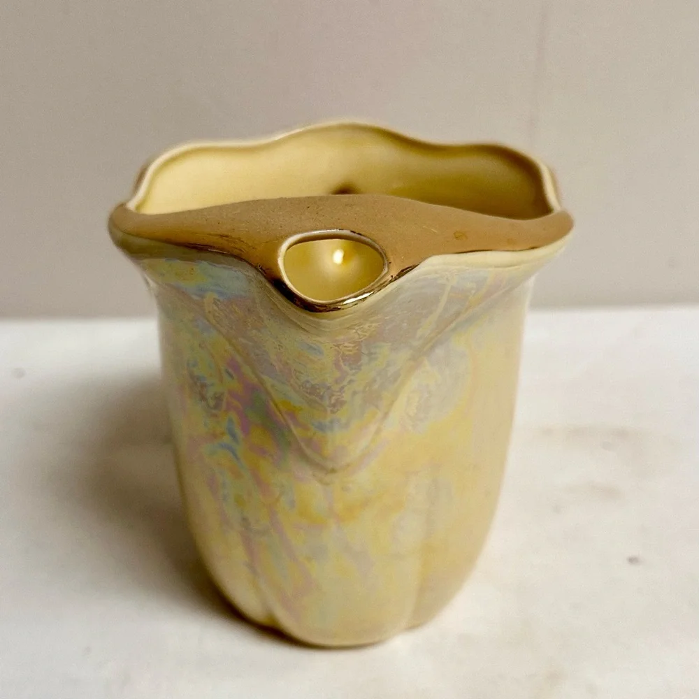 Iridescent Yellow Lustreware Ceramic Pitcher 22K Gold Trim